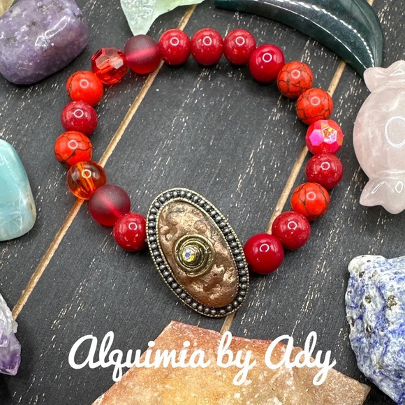 Brass Red mountain turquoise beaded bracelet/fortune and success healing crystal - Picture 1 of 6